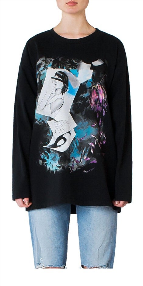 OVERSIZED PRINTED LONG SLEEVE TEE IN BLACK, Black / Black, hi-res image number 0