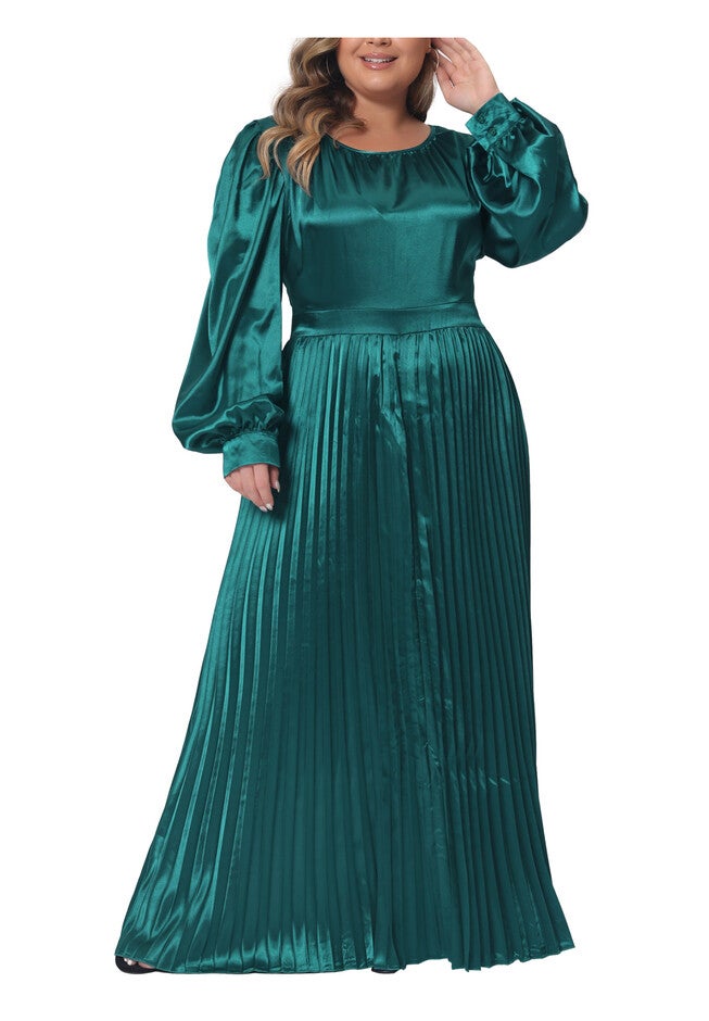 Lantern Long Sleeve Flowy Swing Pleated Maxi Dress, Green / Deep Fuchsia, alternate image number 1