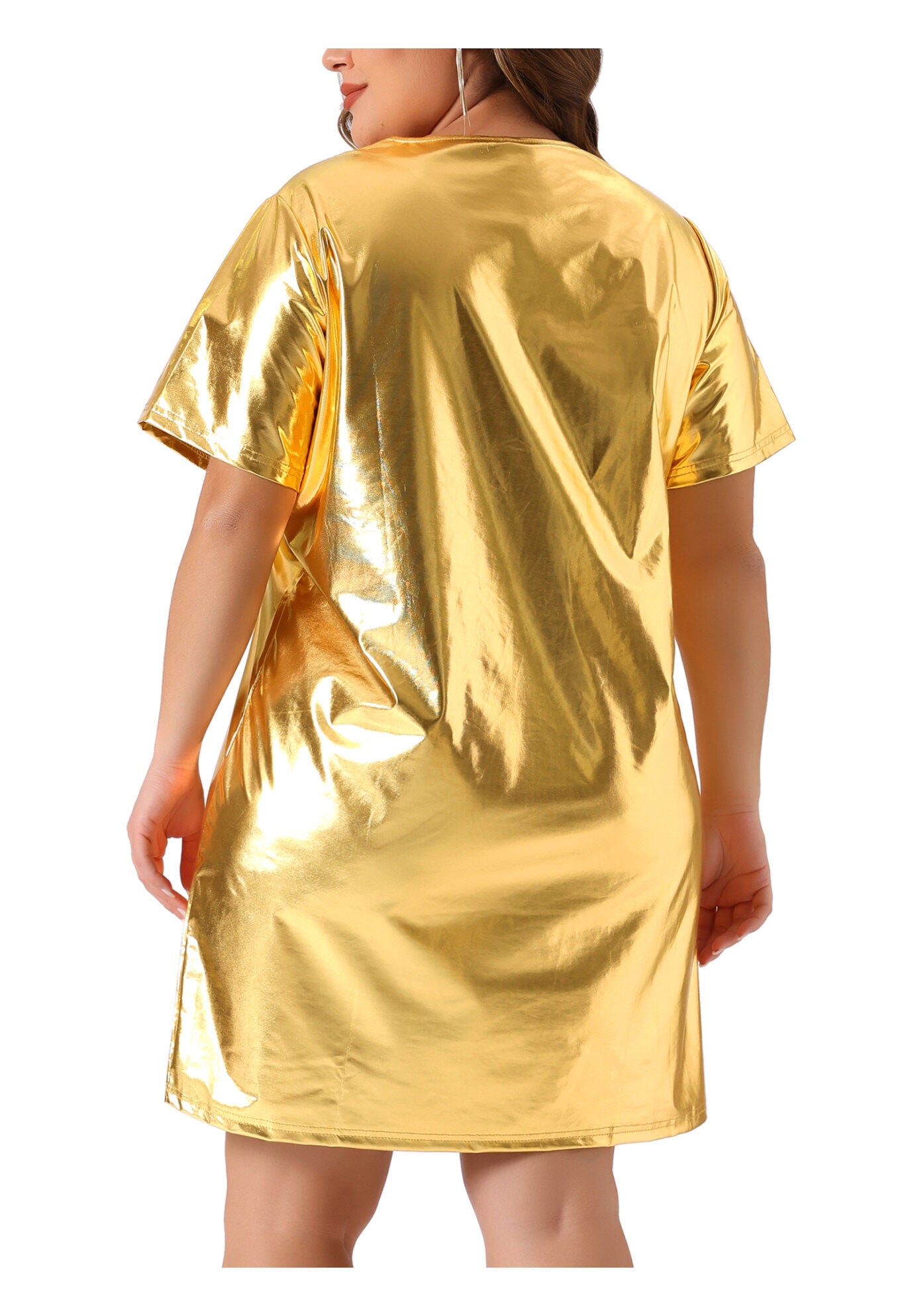 Metallic Round Neck Short Sleeve Loose Mini T-Shirt Dress, Gold / Gold, alternate image number 3