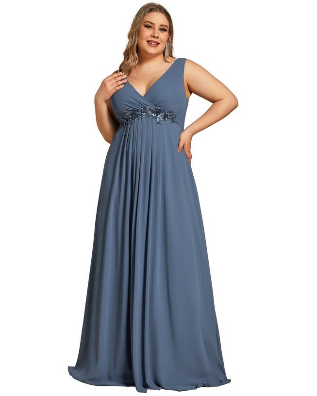 Floral Applique Sleeveless Chiffon Long Formal Evening Dress, Dusty Navy / Dusty Blue, hi-res image number null