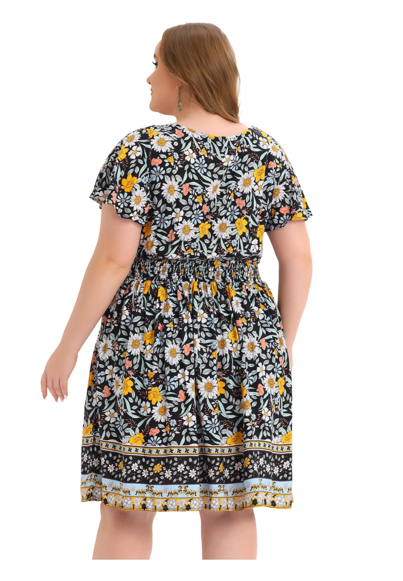 Placed Pattern Bohemian Smock Waist V Neck Summer Midi Dress, Black / Black, alternate image number 3