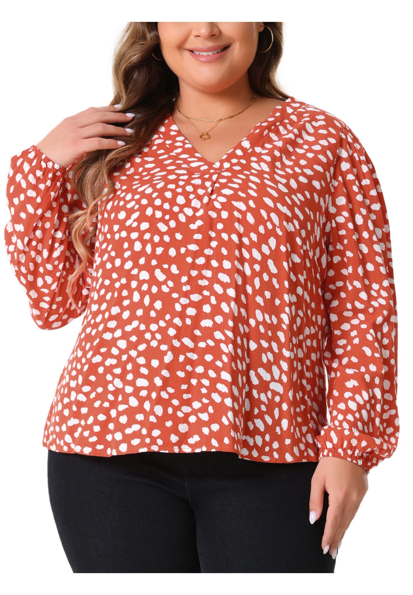 Polka Dot V Neck Long Sleeve Blouse Shirt, Orange / Orange, alternate image number 4