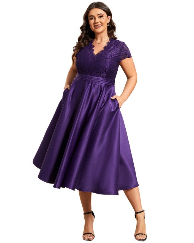 Lace Cap Sleeve V neck Cocktail Dress, , alternate image number 7