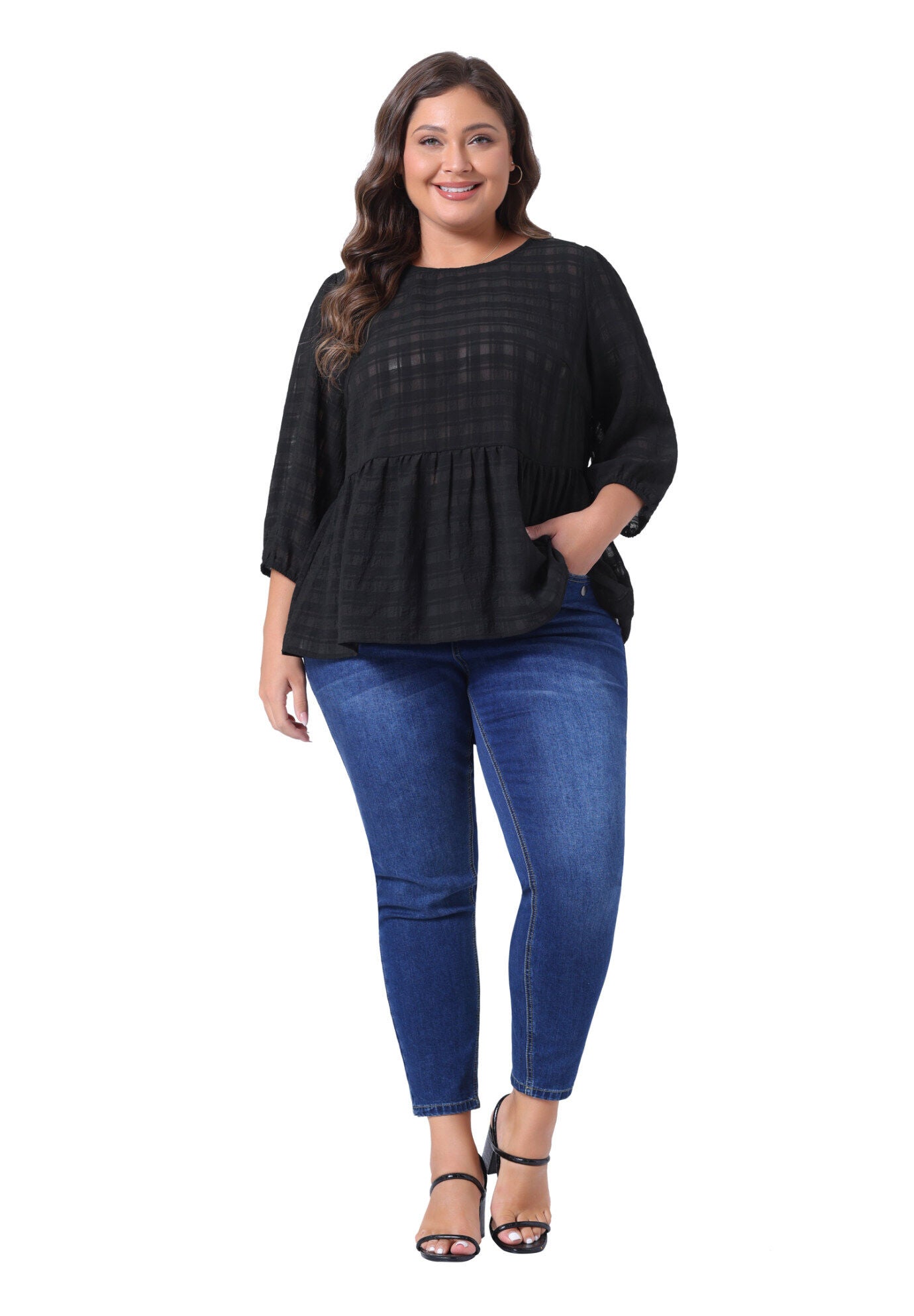 Babydoll Blouse Round Neck 3/4 Puff Sleeve Tiered Peplum Top, Black / Black, hi-res image number 0