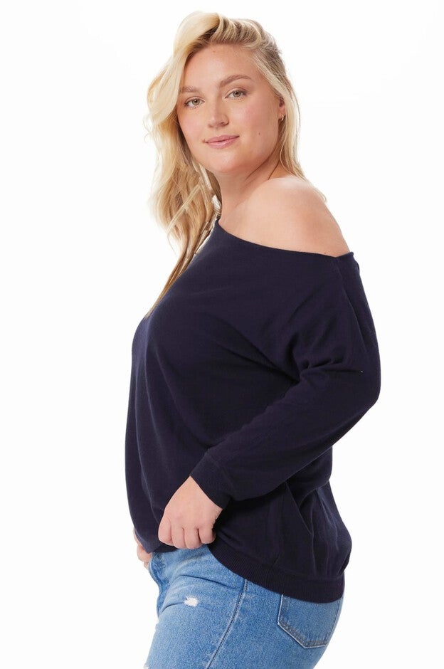 Cotton Cashmere Off The Shoulder Sweater, Navy / Navy, alternate image number 1