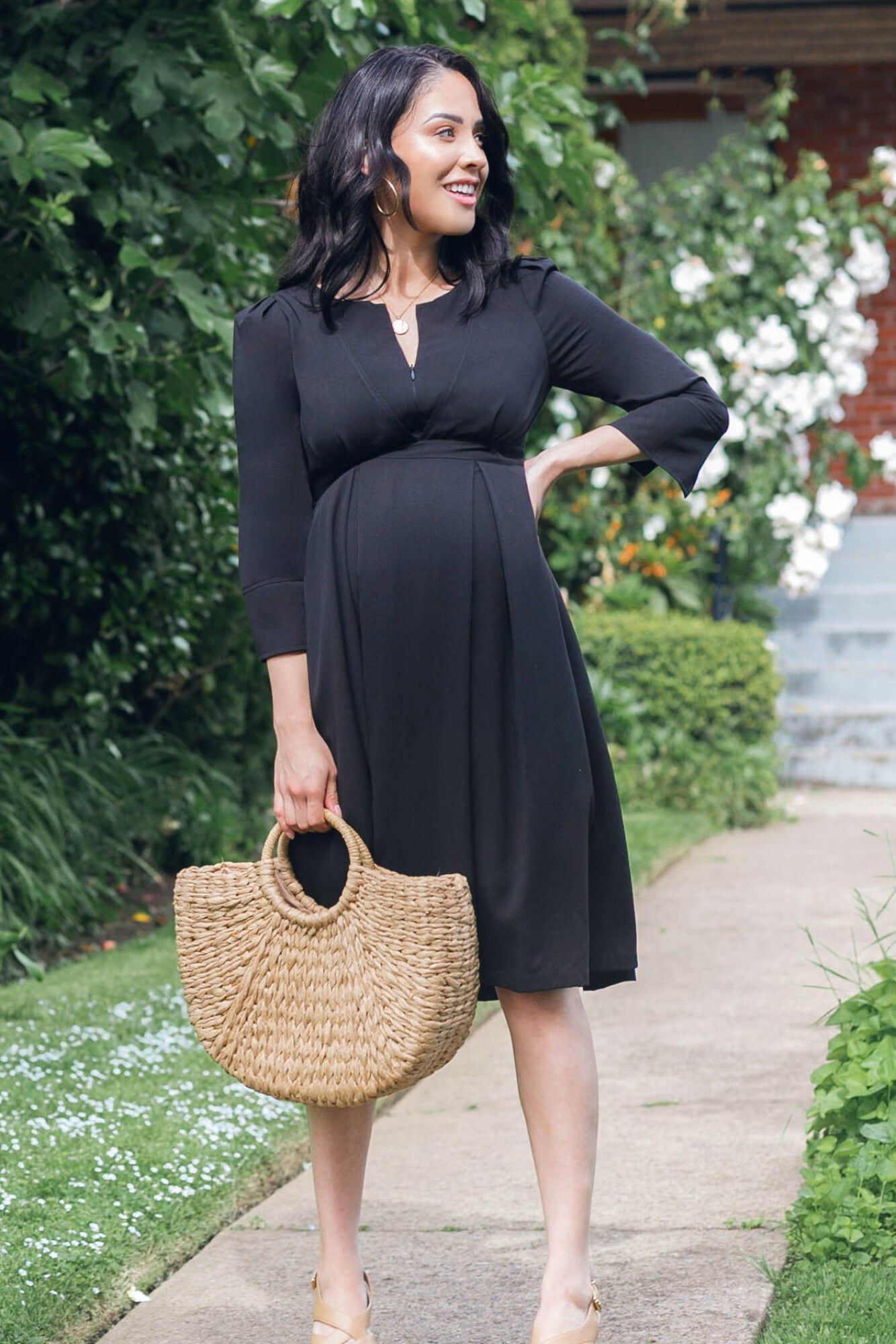 MARION Women&#39;s Empire Waist Maternity & Nursing Midi Tea Dress in TENCEL, Black / Black, alternate image number 2