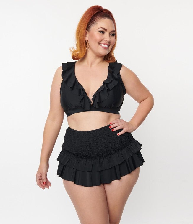 Unique Vintage Plus Size Black Ruffle Swim Top, Black / Black, hi-res image number null