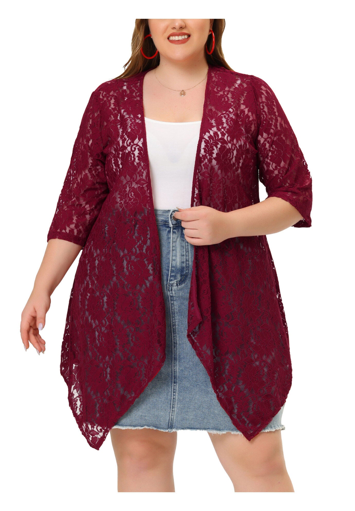 OPEN FRONT 3/4 SLEEVES CROCHET CARDIGAN COVER UP, Burgundy / Red, hi-res image number 0