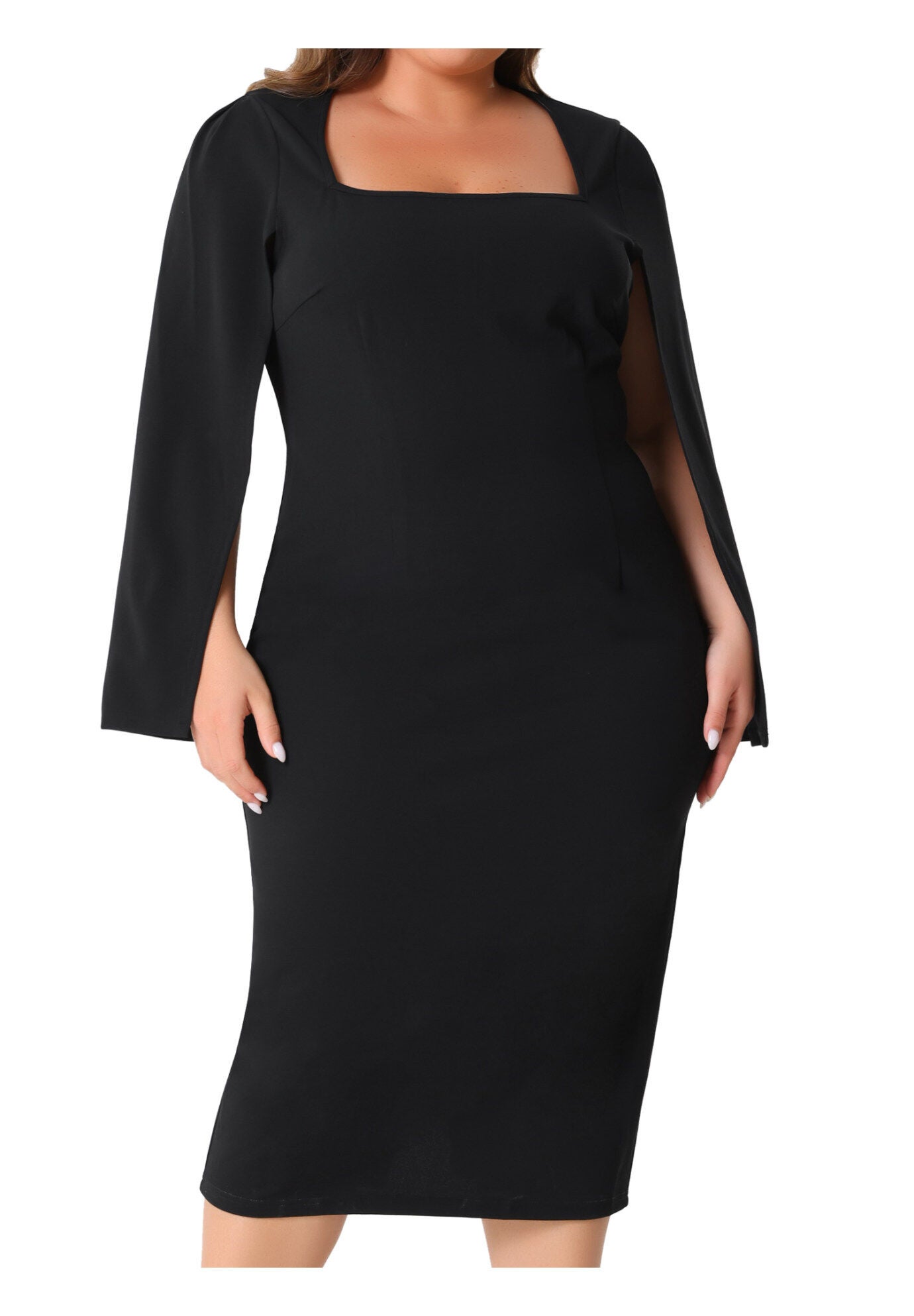 Square Neck Split Long Sleeve Back Slit Bodycon Pencil Dress, Black / Black, alternate image number 2
