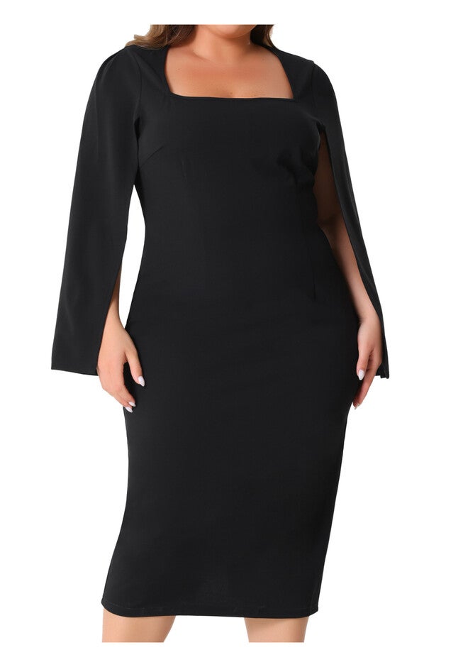 Square Neck Split Long Sleeve Back Slit Bodycon Pencil Dress, Black / Black, alternate image number 2