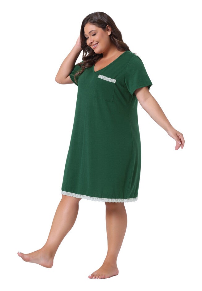 Short Sleeve Lace Trim Pajama Nightshirt, Dark Green / Forest Green, hi-res image number 0