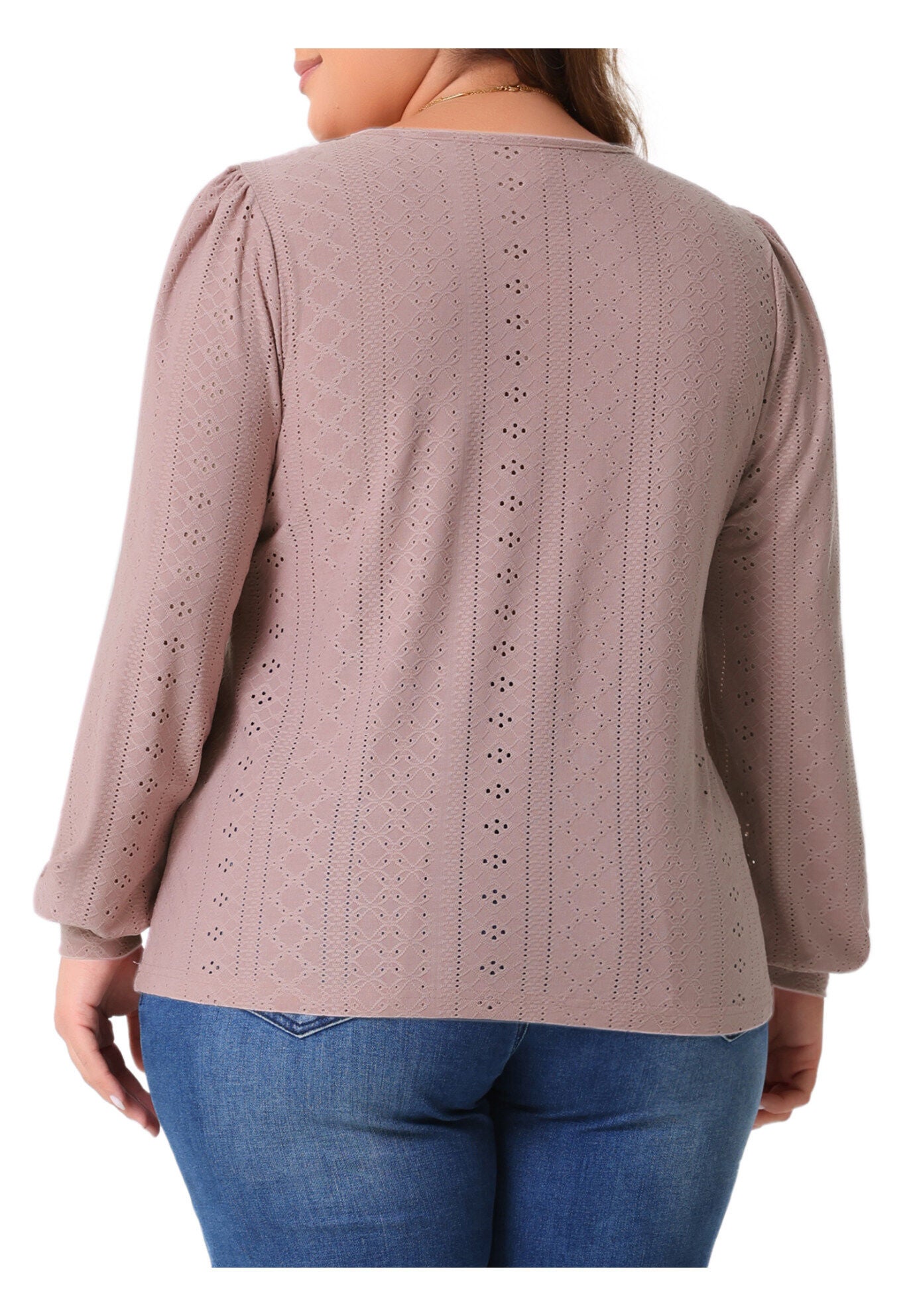 Square Neck Hollow Long Sleeve Eyelet Blouse, Dark Pink / Mauve, alternate image number 4