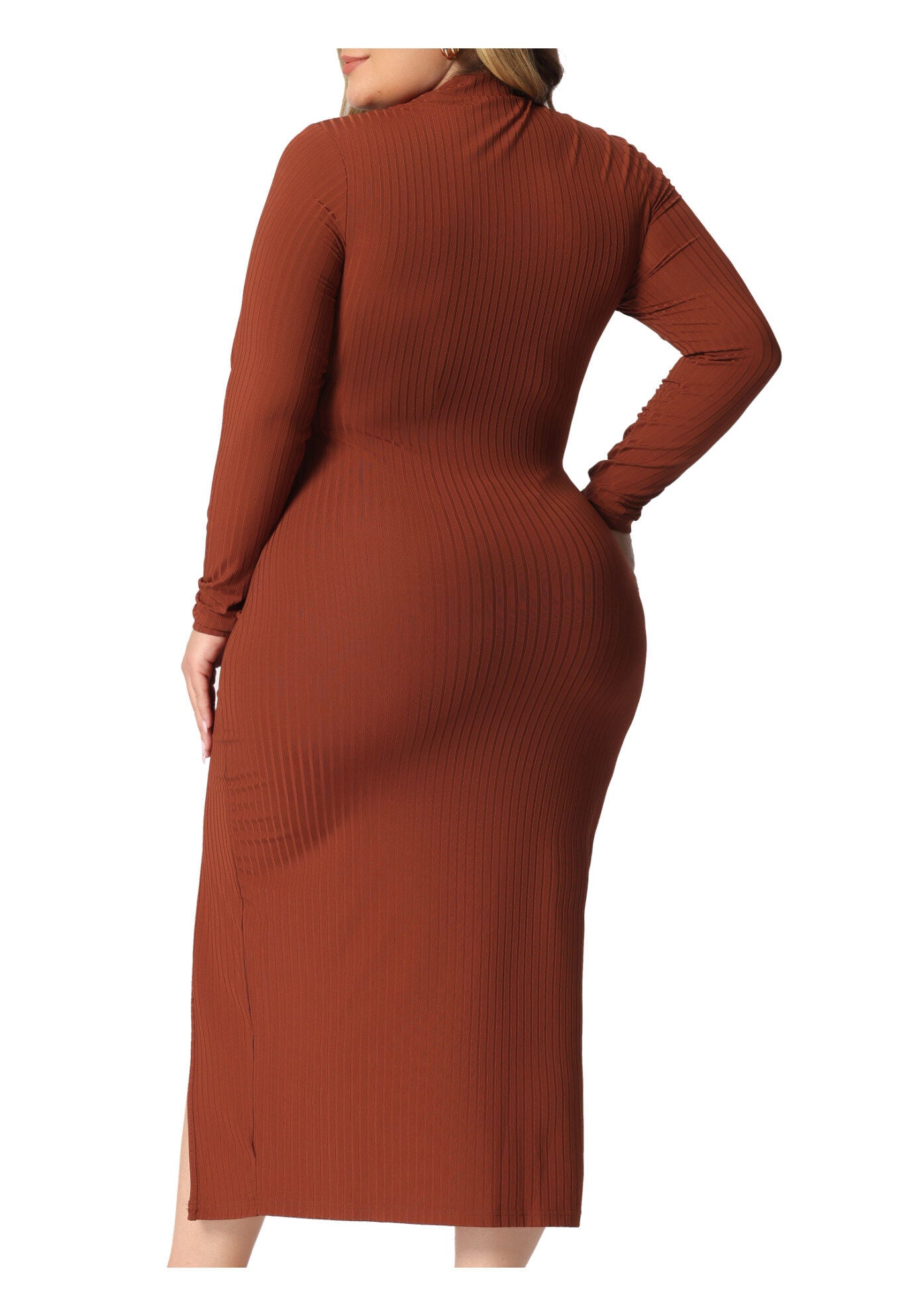 Round Neck Cut Out Front Knee Bodycon Dress, Caramel / Brown, alternate image number 3