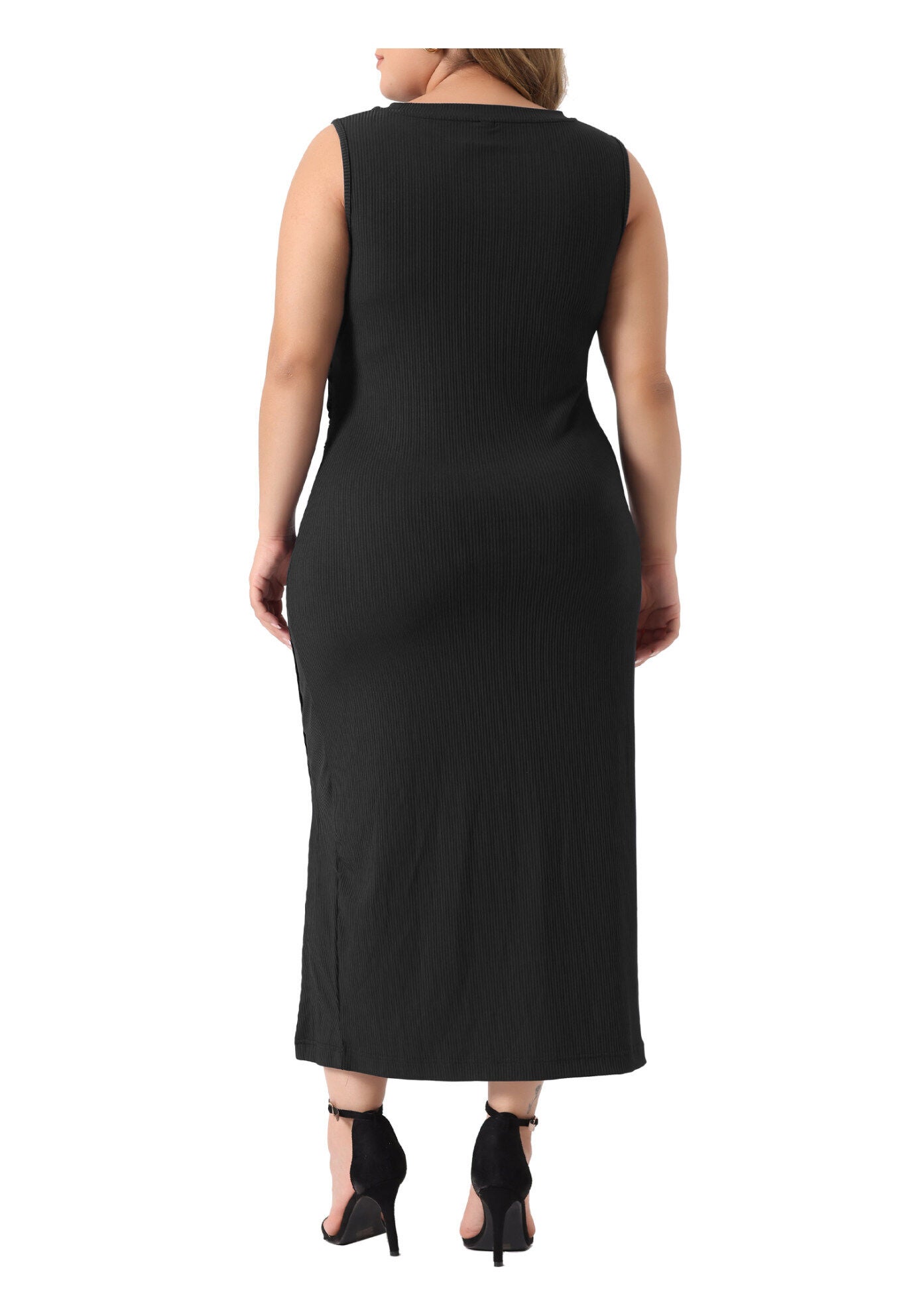 Knit Slit Tank Midi Ruched Sleeveless Bodycon Dress, Black / Black, alternate image number 3