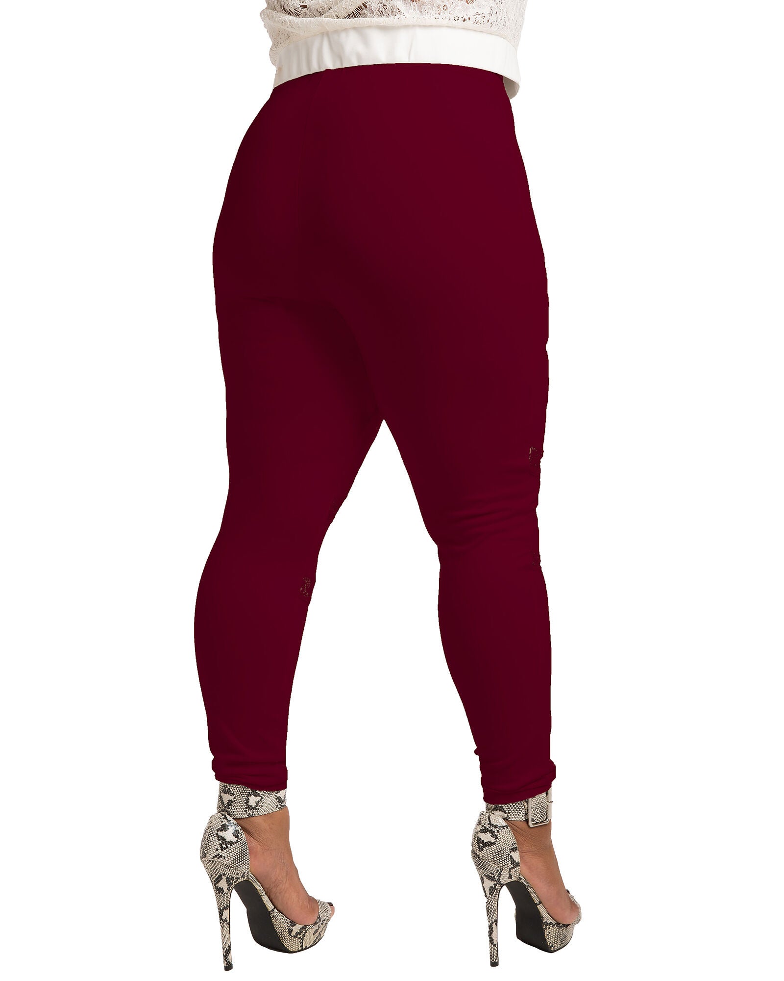 Janet Black Pull On Ponte Leggings with Lace Insert, Burgundy / Burgundy, alternate image number 2