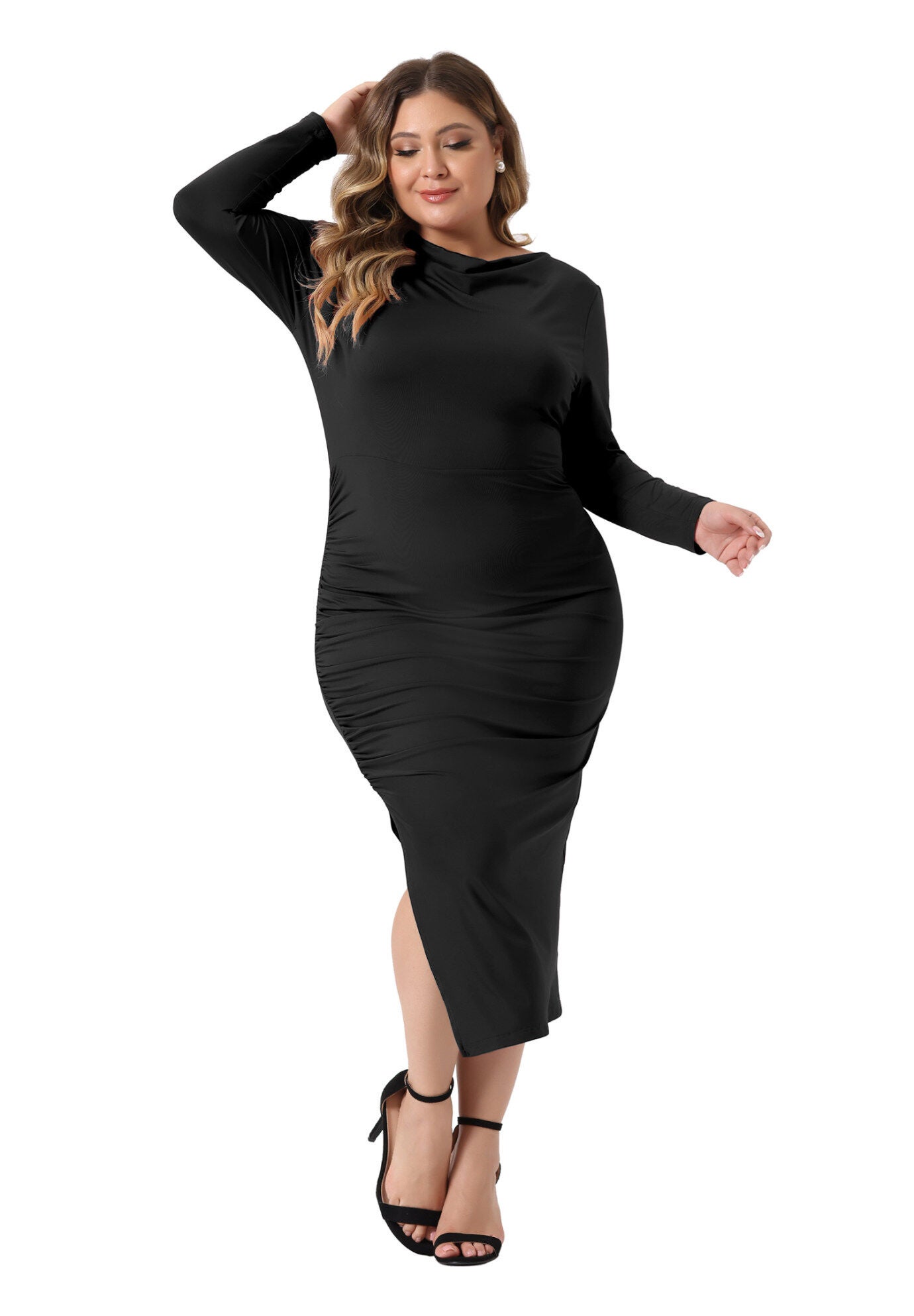 Long Sleeve Crew Neck Side Slit Ruched Bodycon Dress, Black / Black, alternate image number 1