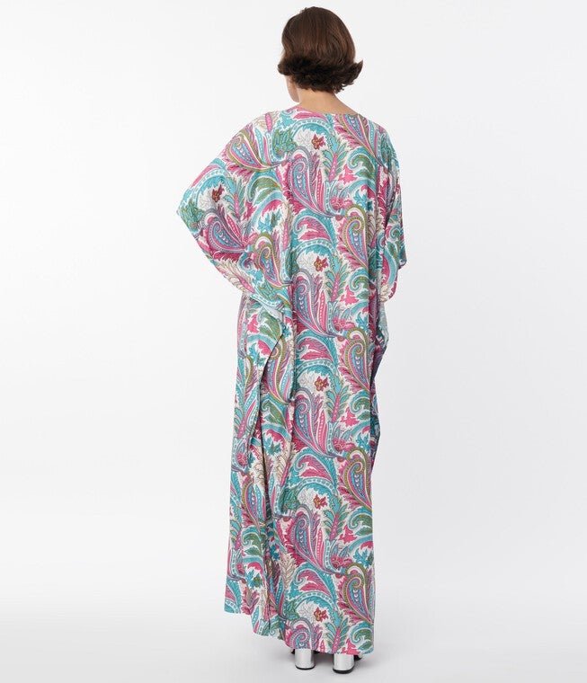UNIQUE VINTAGE PINK & BLUE PAISLEY PRINT BOW FRONT CAFTAN, , alternate image number null