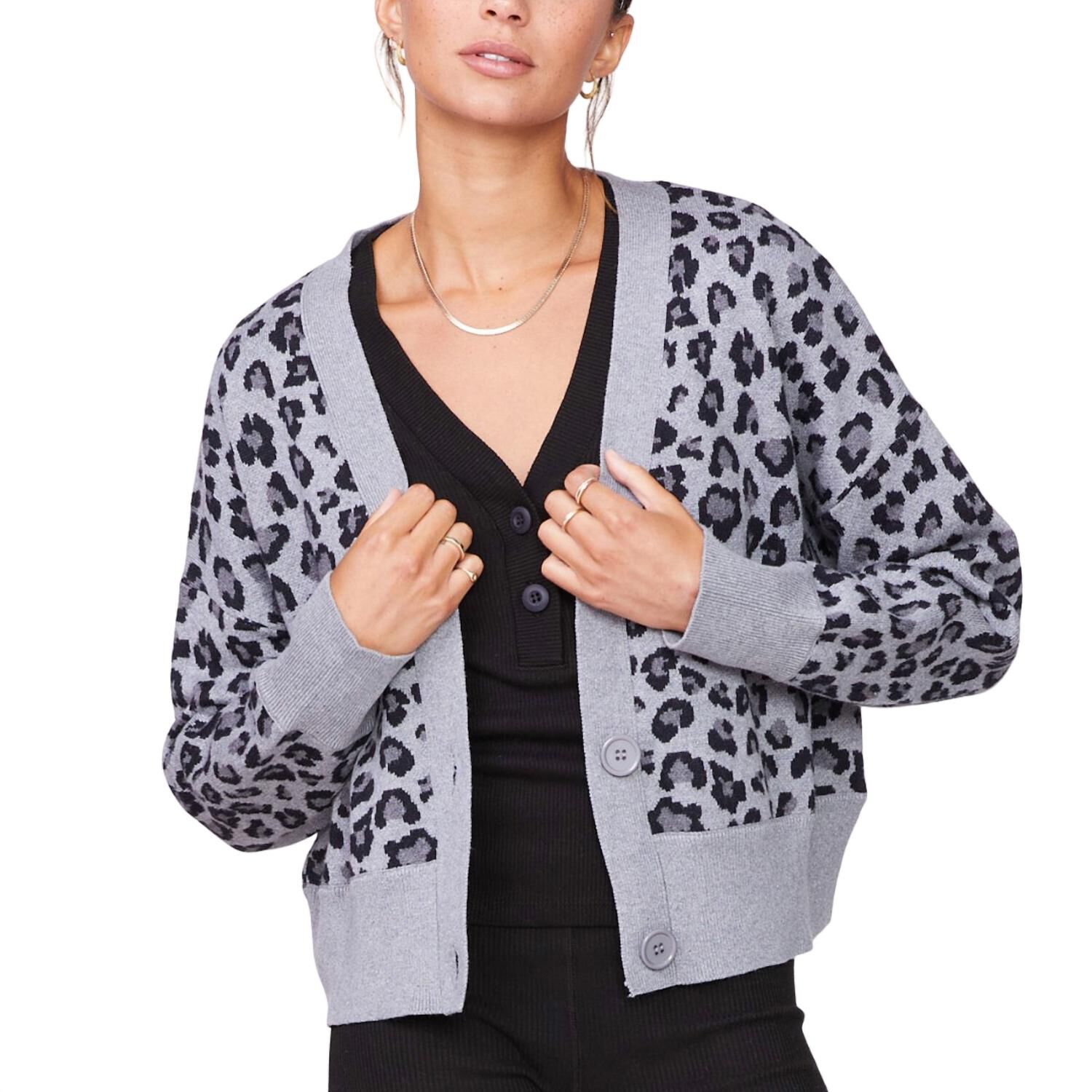 OVERSIZED LEOPARD CARDIGAN IN HEATHER GREY, Heather Grey / Charcoal Grey, hi-res image number 0