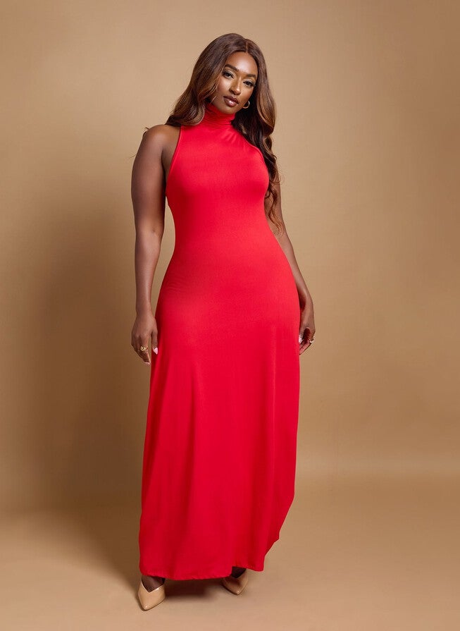 KIMMY TURTLENECK BODYCON MAXI DRESS - RED, Red / Red, hi-res image number 0