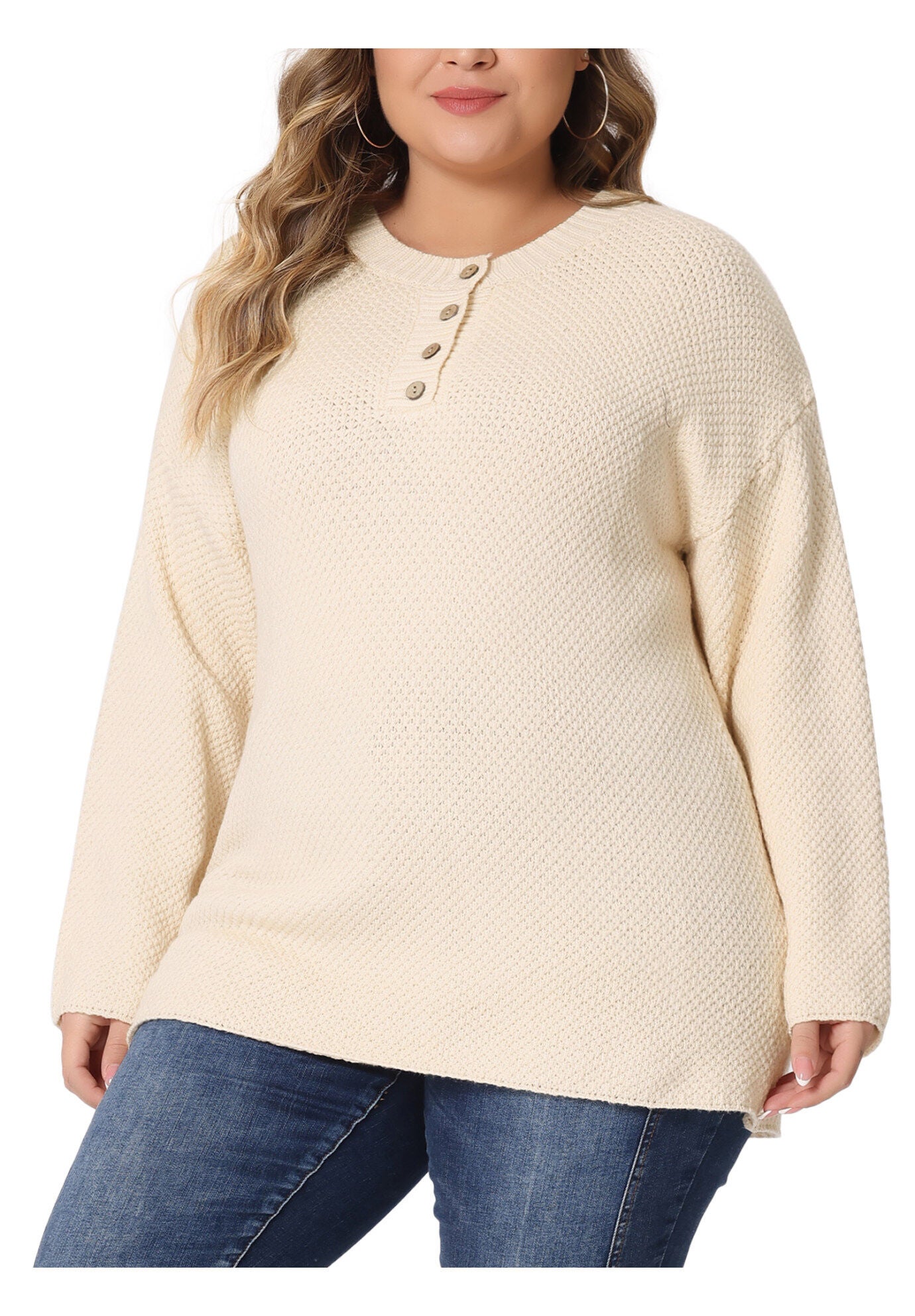 Round Neck Long Sleeve Button Knit Pullover Sweater Top, Beige / Beige, alternate image number 1