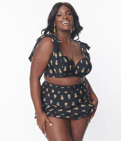 Unique Vintage Black & Pineapple Print Alice Swim Skirt