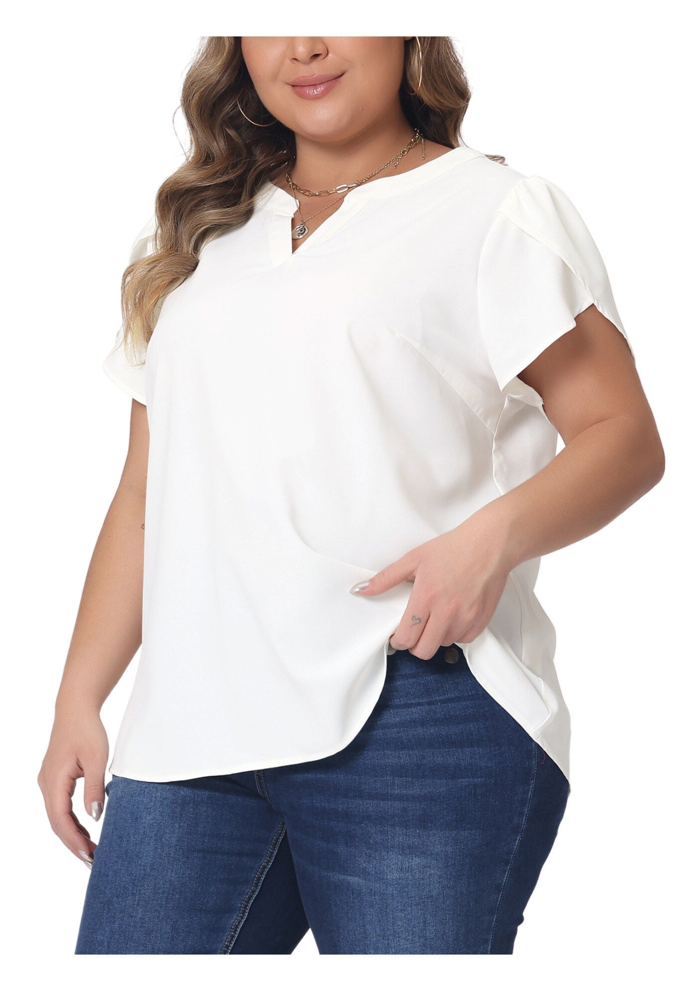 Notched V Neck Short Petal Sleeve Shirt Top, White / White, alternate image number 1
