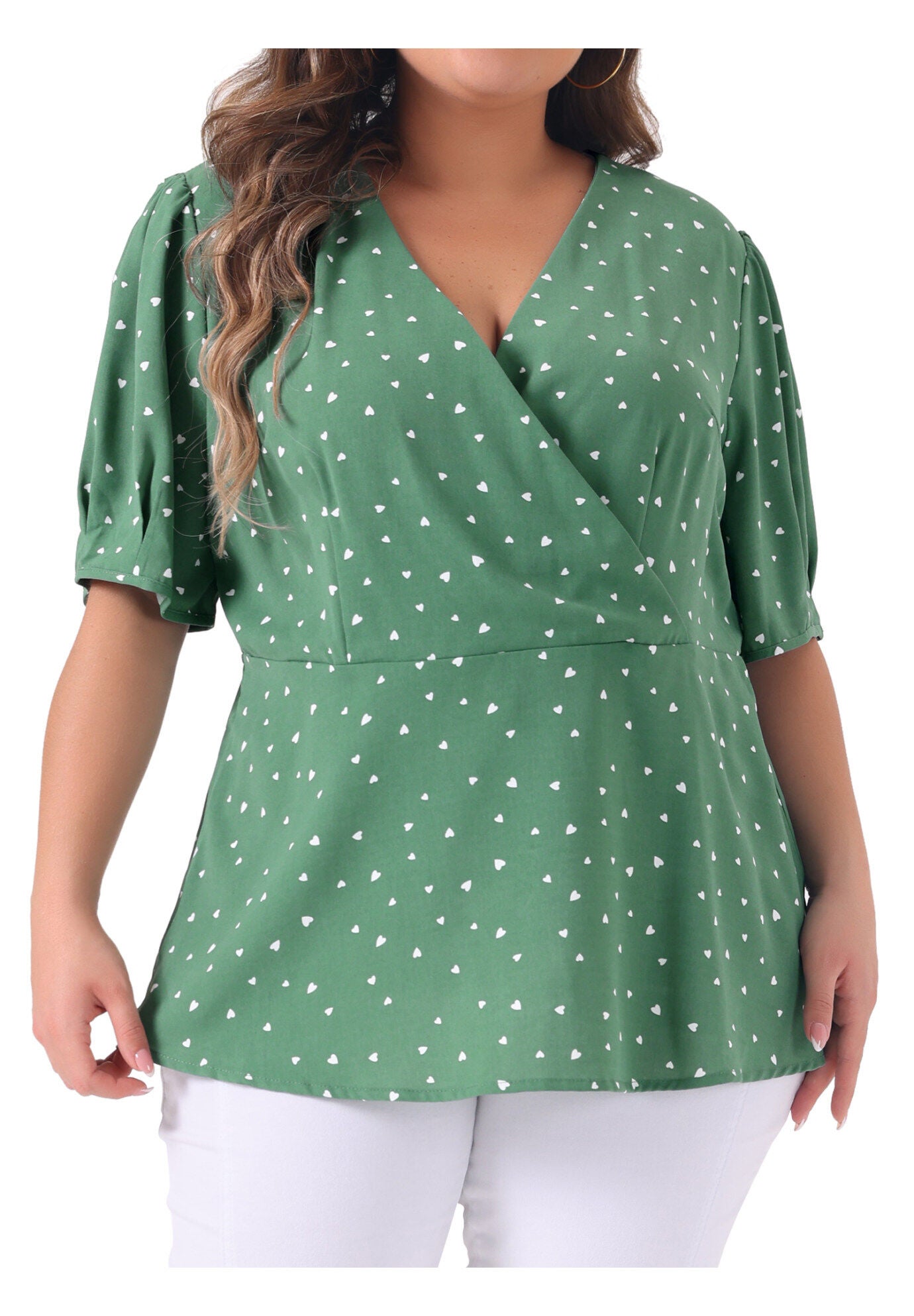 Summer V Neck Wrap Short Sleeve Polka Dots Peplum Top, Green / Sage Green, alternate image number 1