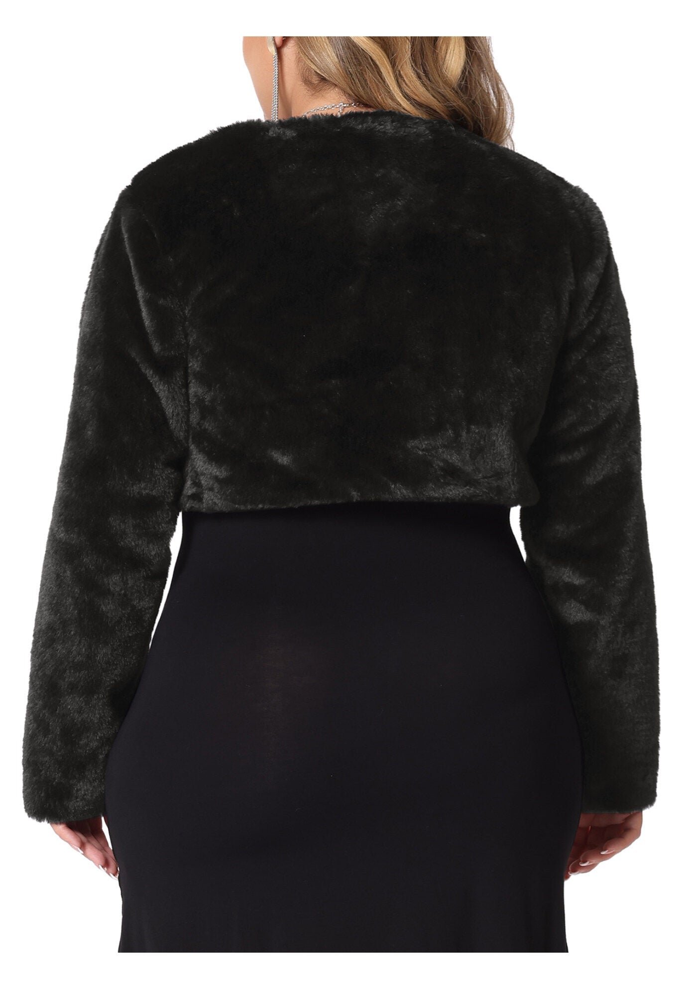 OPEN FRONT FAUX FUR BOLERO CROP JACKET, Black / Black, alternate image number 3