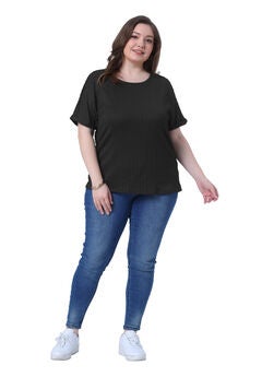 Textured Rolled Short Sleeve Crew Neck T-Shirts Blouses