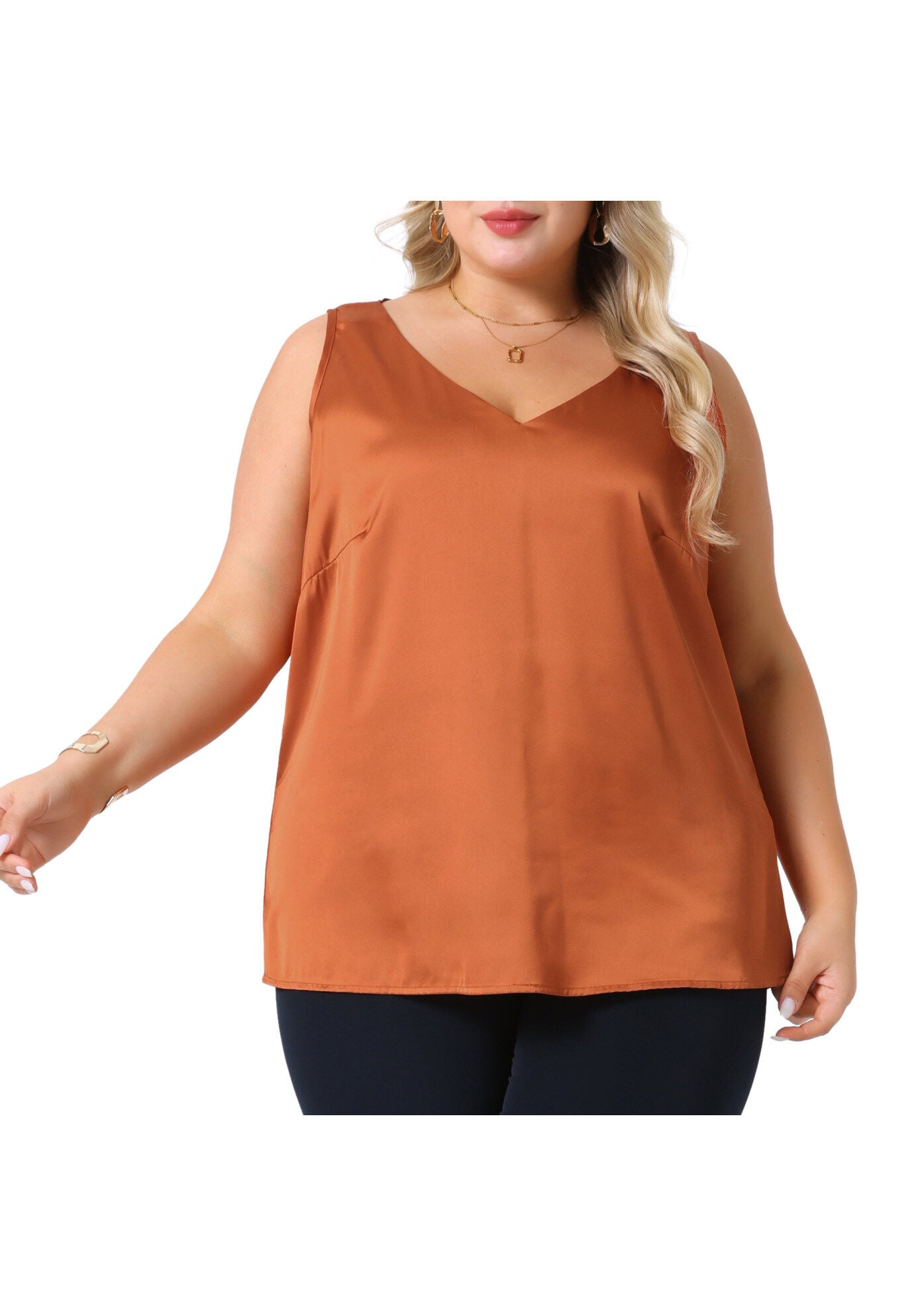 Satin Tank Top V Neck Casual Sleeveless Cami, Caramel / Tan, alternate image number 2