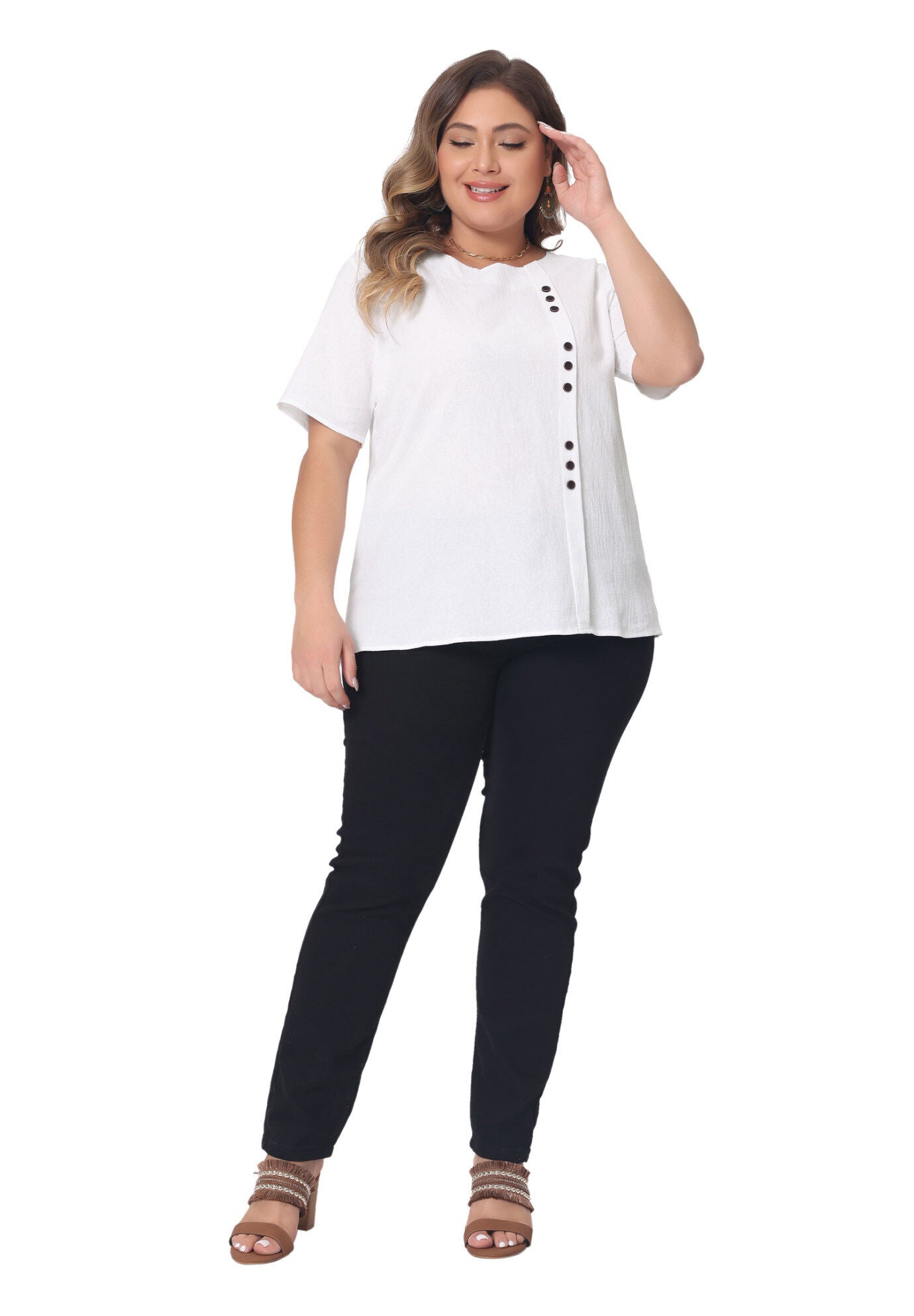 Short Sleeve Round Neck Cotton Linen T-Shirt Top, White / White, hi-res image number 0