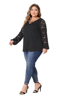 LACE BLOUSE CROSS V NECK SHEER DOUBLE LAYER LONG SLEEVE TOP