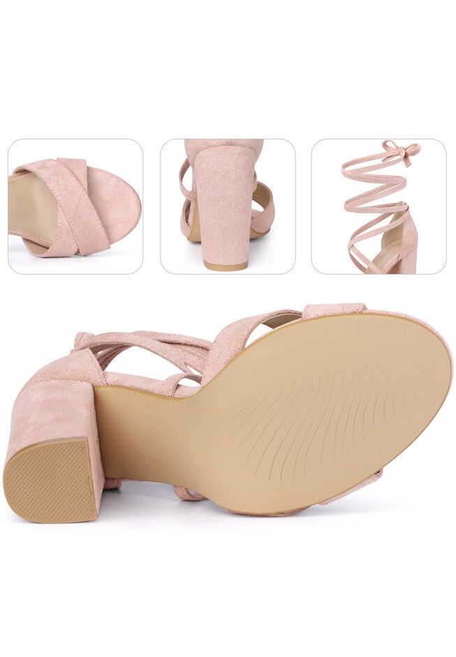 Strappy Chunky Heels Lace Up Sandals, Dust Pink / Pink, alternate image number null