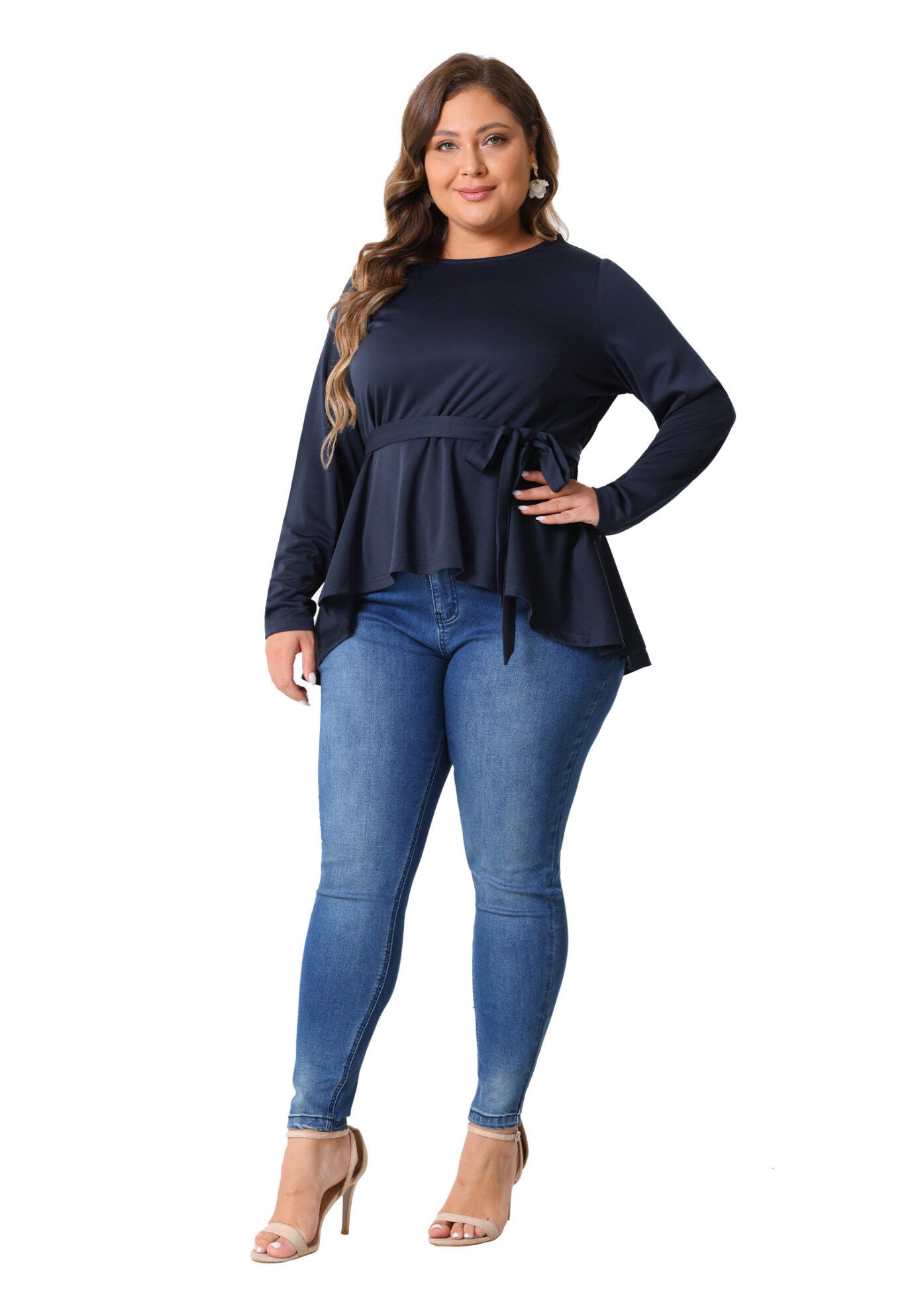 Crew Neck High Low Asymmetrical Irregular Hem Blouse T-Shirt with Belt, Navy Blue / Navy, hi-res image number 0