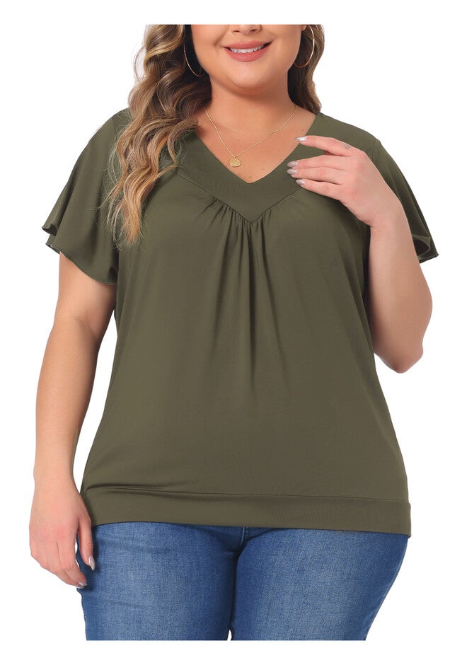 V Neck Ruffle Short Sleeve T-Shirt Top, Green / Olive Green, alternate image number 3