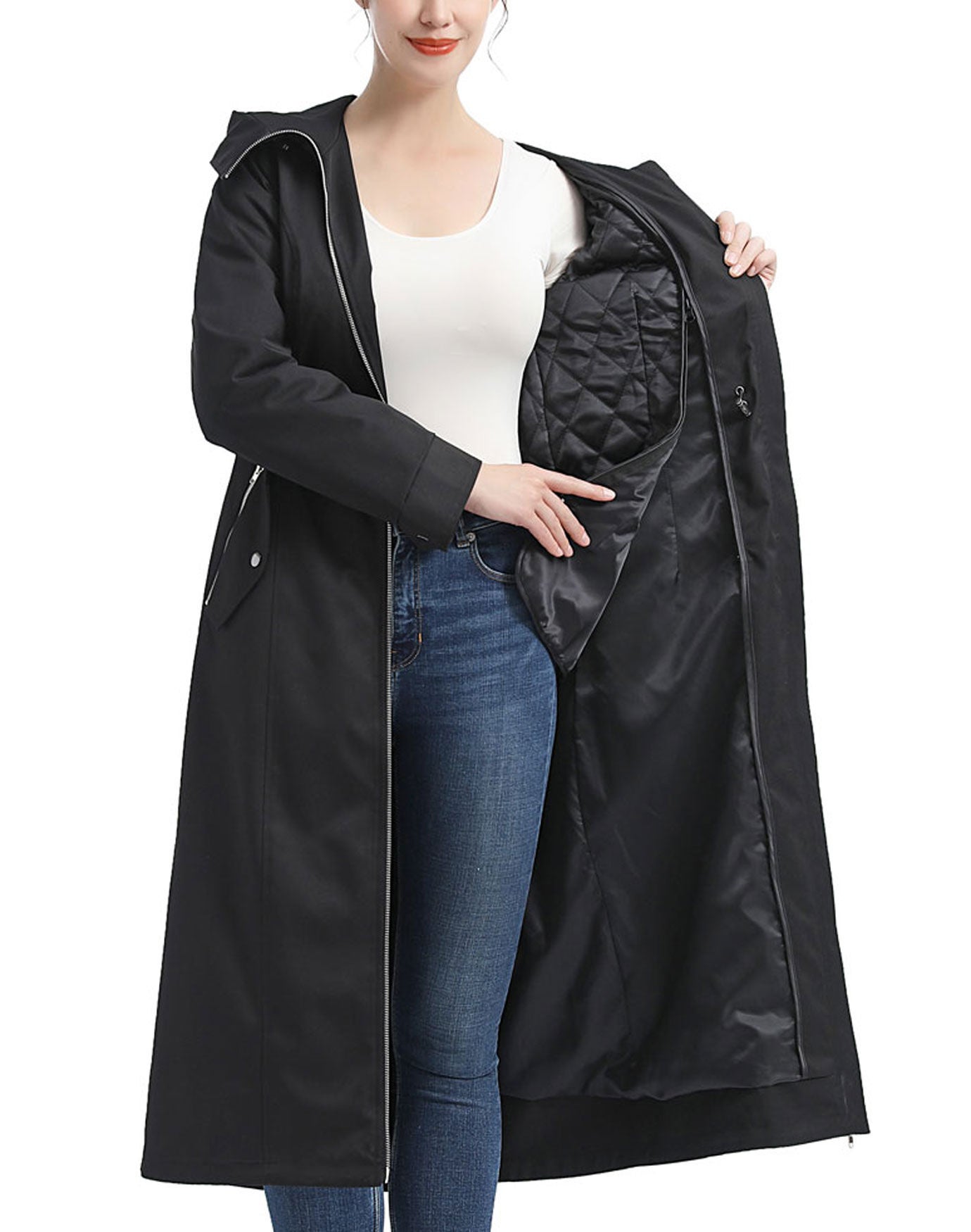 Hooded Zip-Out Lined Long Raincoat, Black, alternate image number 3