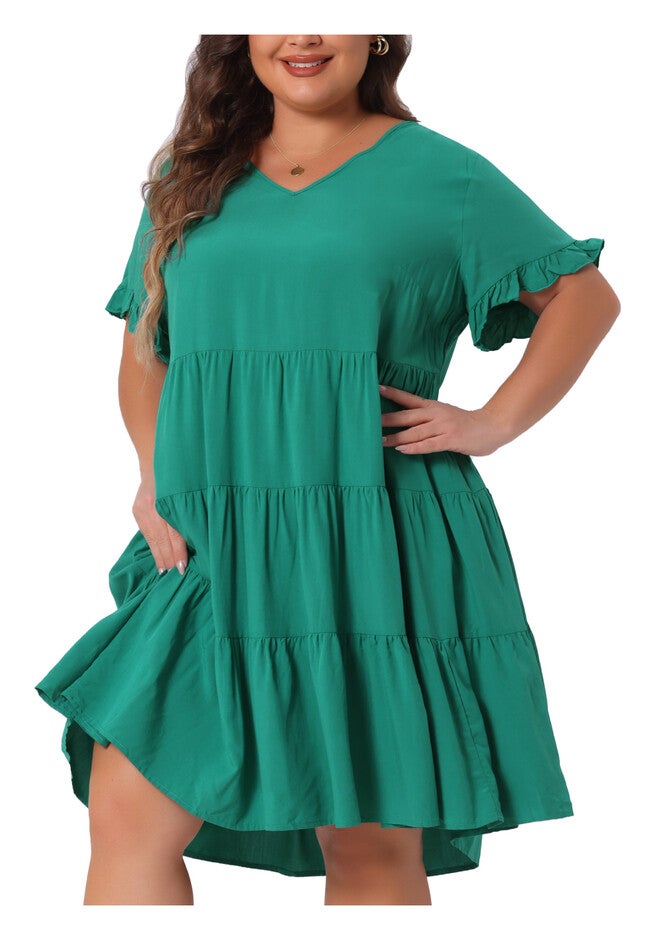 V Neck Ruffle Sleeve with Pockets Swing A Line Tiered Dress, Green / Teal, alternate image number 2