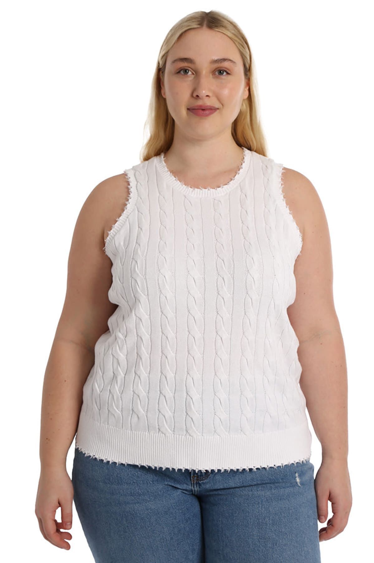 Cotton frayed edge cable tank, White / White, hi-res image number 0