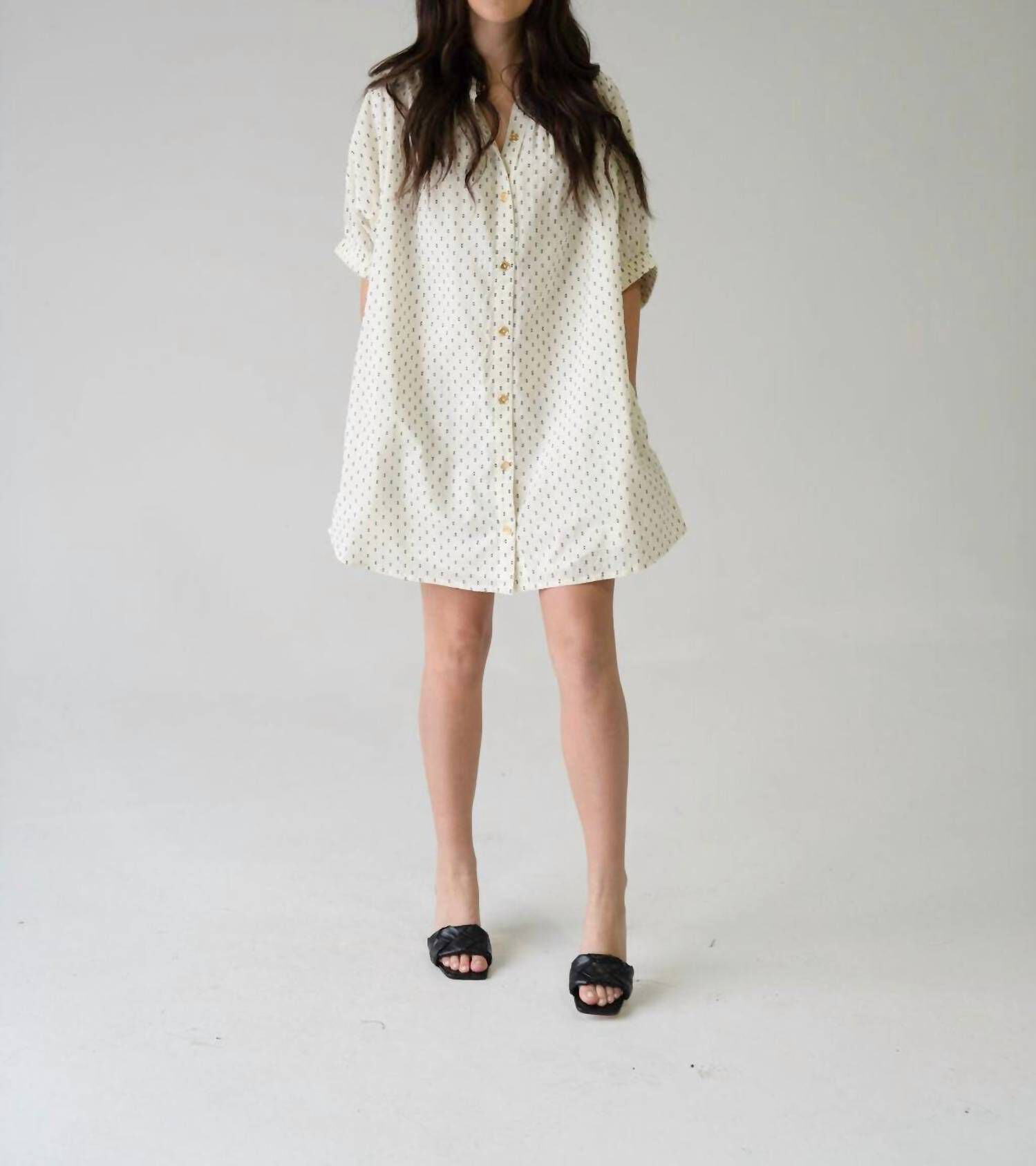 ELASTIC SLEEVE DRESS IN IVORY SWISS DOT, Ivory Swiss Dot / White, hi-res image number 0