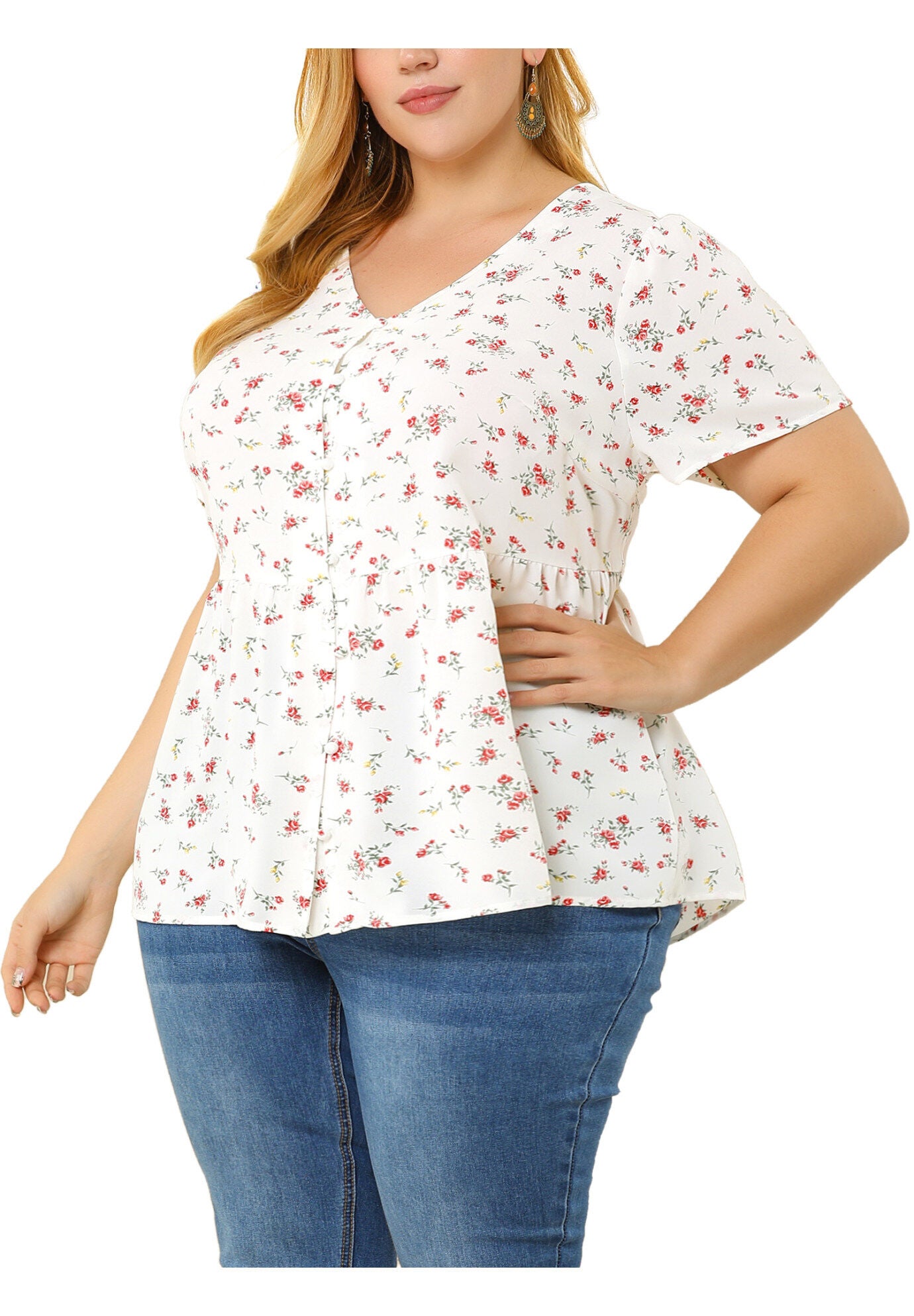 Chiffon Shirt V Neck Ruffle Short Sleeve Floral Peplum Top, White / White, alternate image number 2