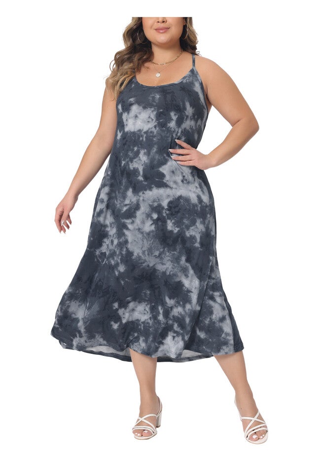 Round Neck Tie Dye Spaghetti Strap Cami Midi Dress, Grey / Charcoal Grey, alternate image number null