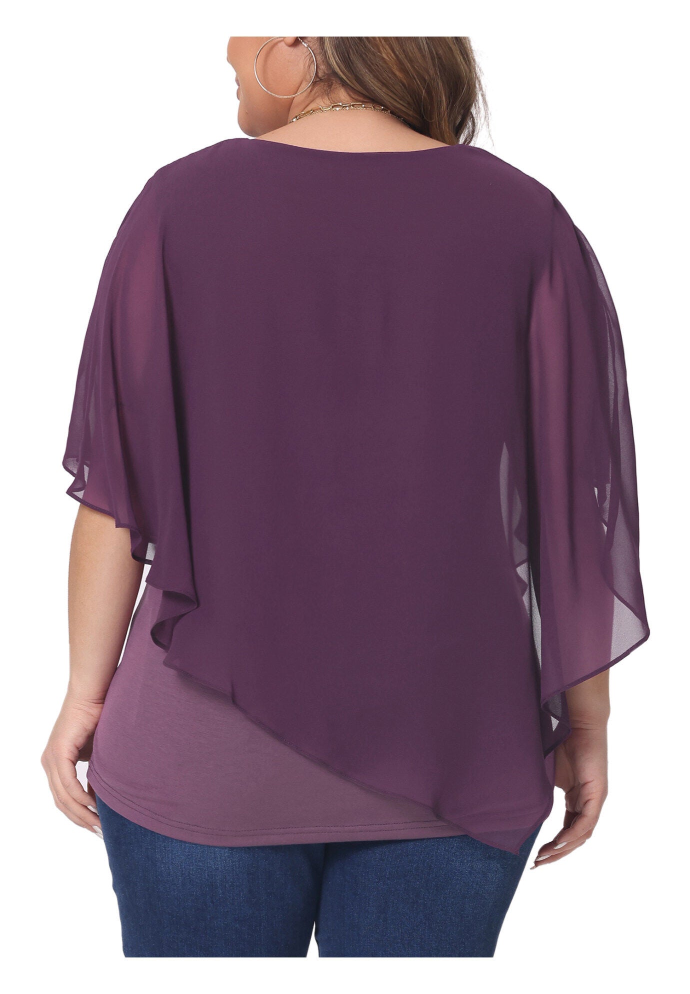 V Neck Flowy Shirt Double Layered Chiffon Top, Purple / Purple, alternate image number 3
