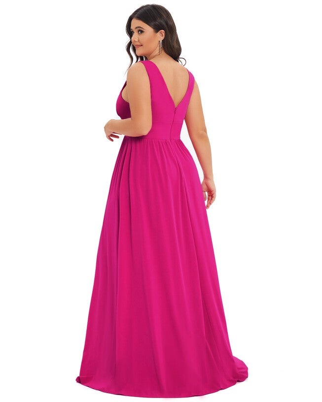 Sleeveless V-Neck Empire Waist High Slit Floor-Length Evening Dress, Hot Pink / Pink, alternate image number null