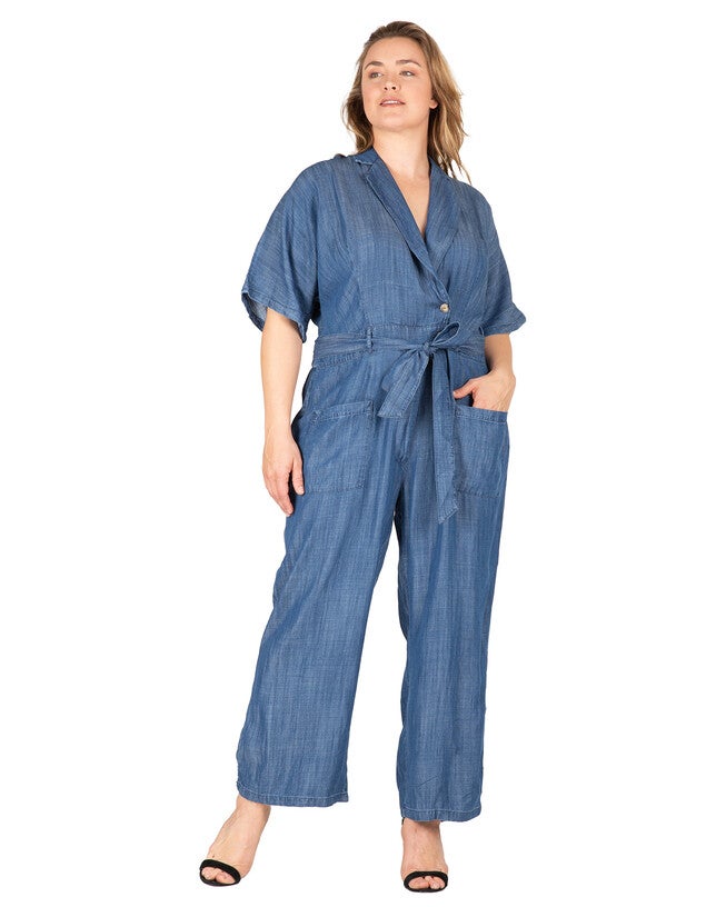 Yuki Women's Plus Size Tencel Denim Kimono Sleeves Tie Wrap Jumpsuit, Indigo / Medium Wash, alternate image number 2