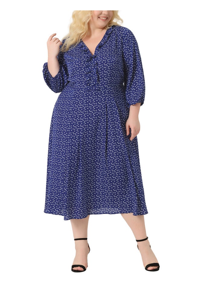 3/4 Sleeve Sweetheart Print Midi Ruffle Dress, Blue / Chambray Denim Medium, alternate image number 1