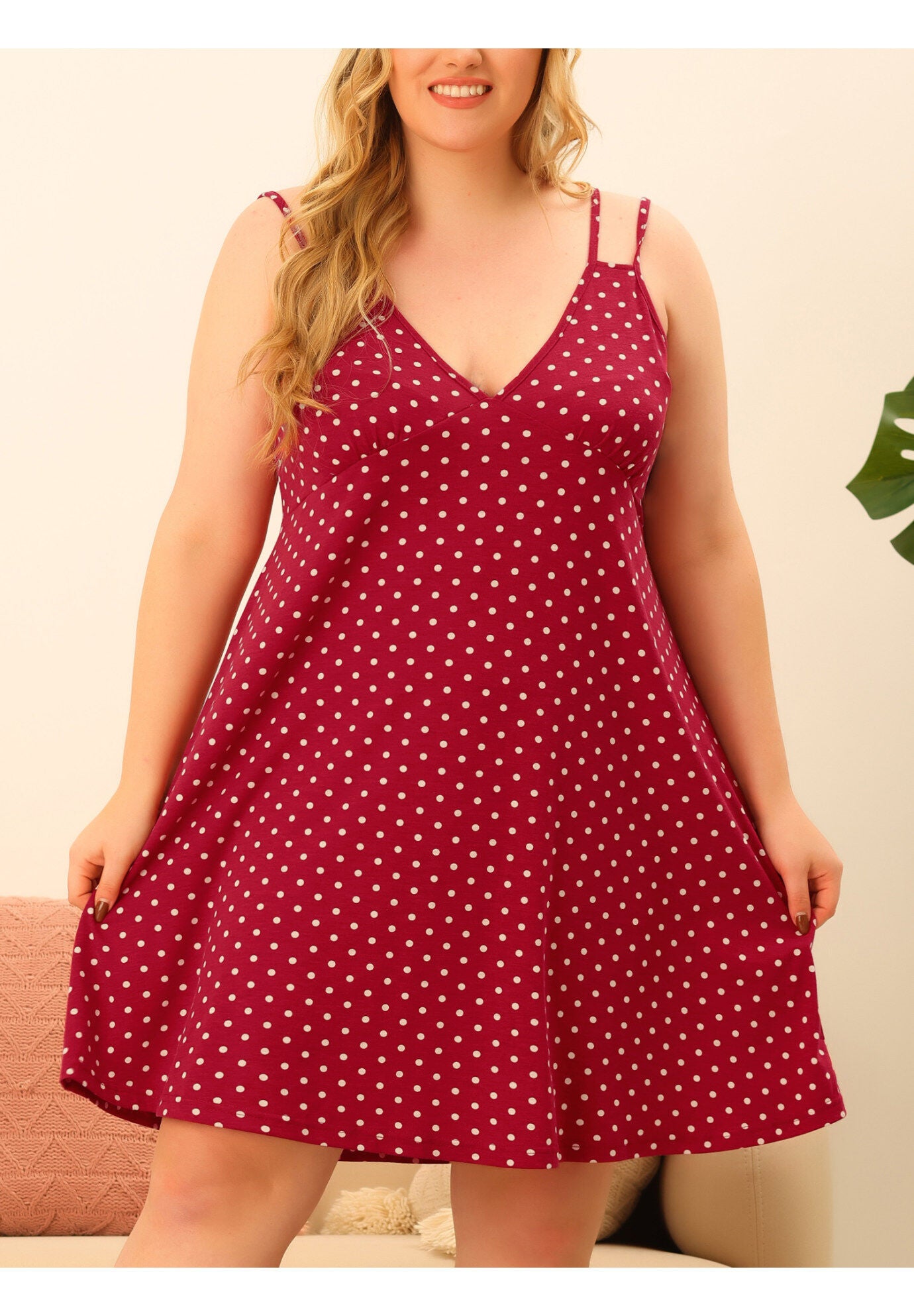 CAMI DEEP V KNIT POLKA DOTS NIGHTGOWN LINGERIE, Red / Red, alternate image number 1