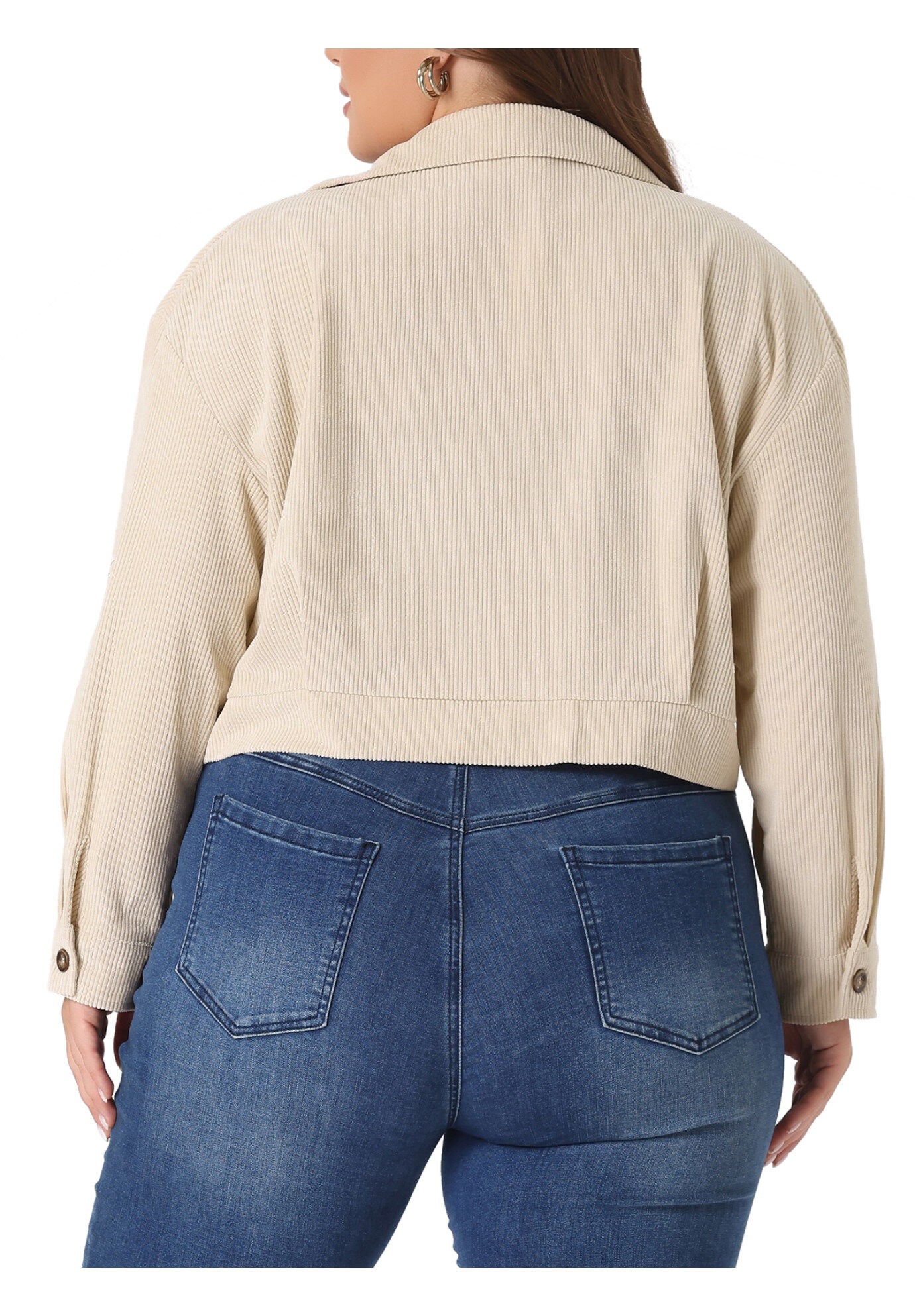 CORDUROY CROPPED BUTTON DOWN LONG SLEEVE SHIRT SHACKET JACKET, Apricot / Cream, alternate image number 2