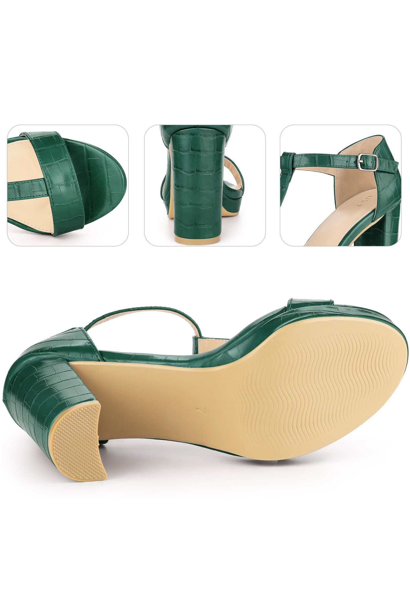 Platform Print Embossed Ankle Strap Chunky Heels Sandals, Dark Green / Forest Green, alternate image number 2