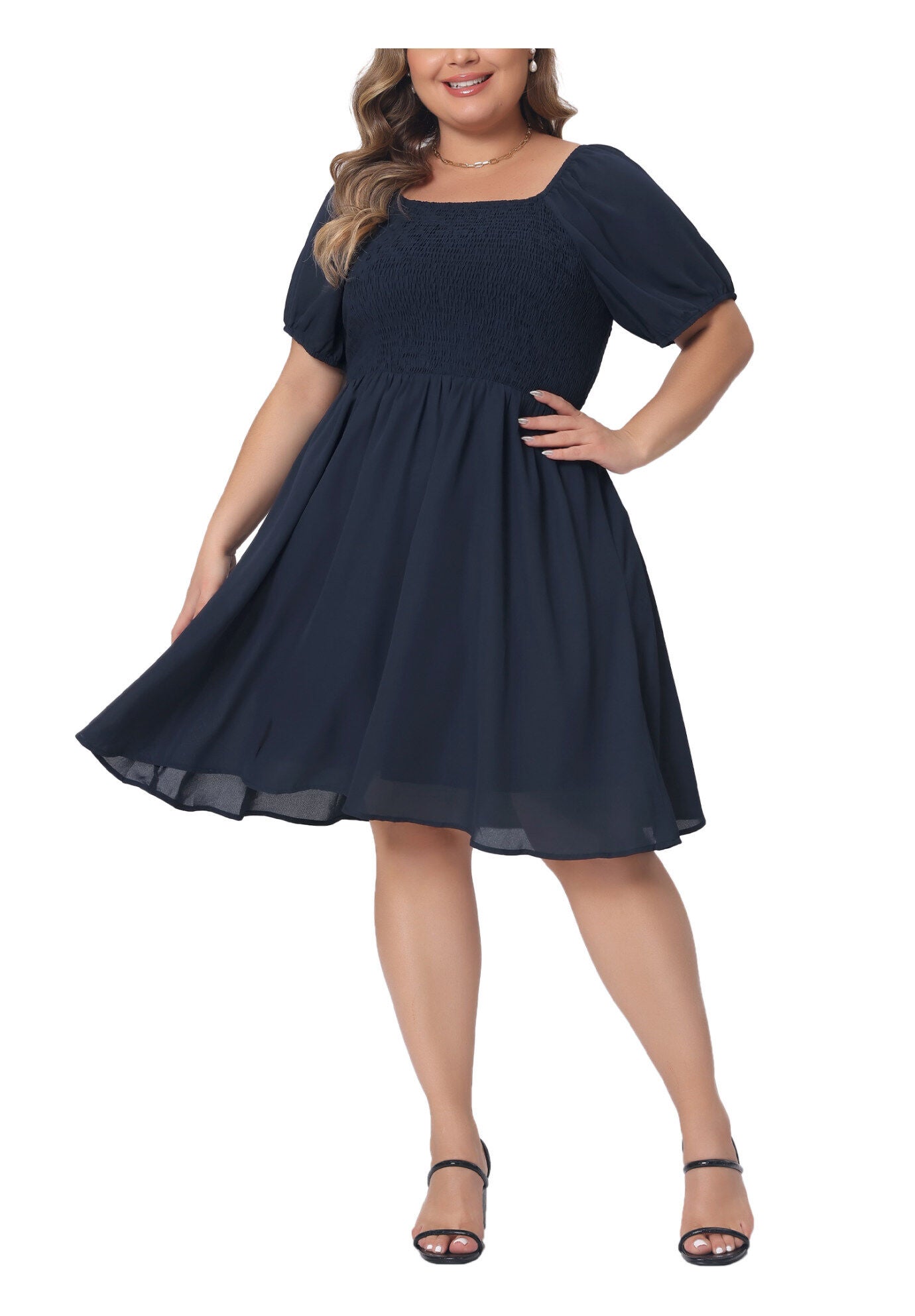 Smocked Square Neck Short Sleeve Stretchy Midi Dress, Navy Blue / Navy, alternate image number 1