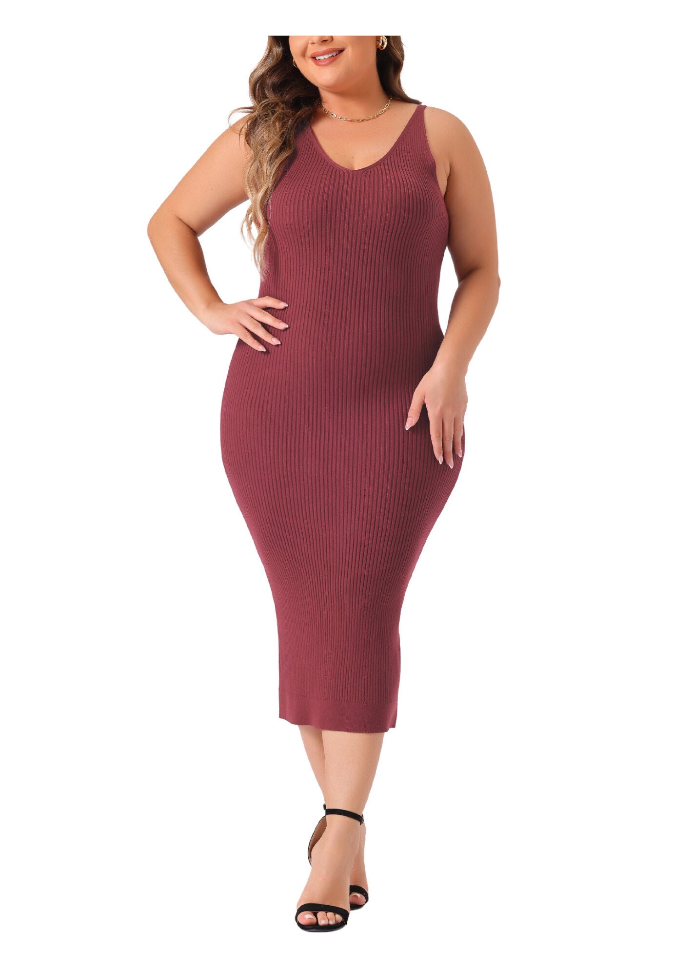 Sleeveless V Neck Ribbed Knit Bodycon Midi Sweater Cami Dress, Burgundy / Burgundy, alternate image number 3